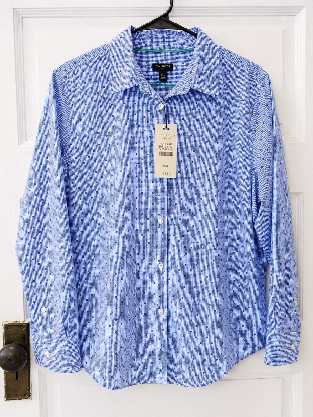 NWT Talbots Petites Blue Gingham Polka Dot Button Front Shirt XLP 100% Cotton